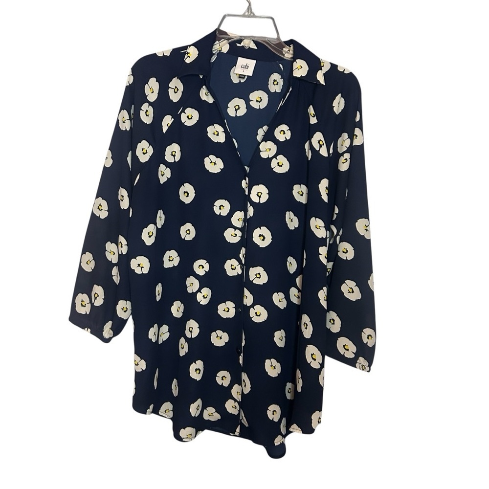 Cabi Navy Floral Blouse Small | 3/4 Sleeve Popover Top